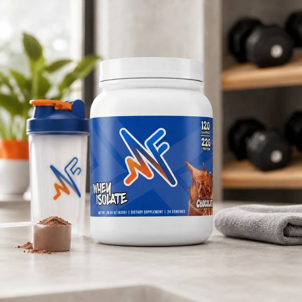 Mindful Whey Chocolate in a lifestyle setup with a clean kitchen background and protein shake elements