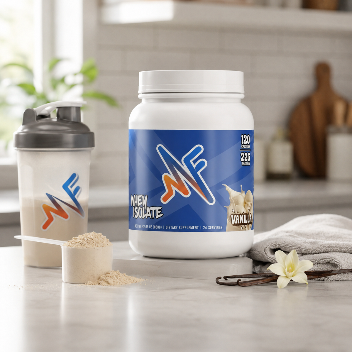 Mindful Whey Vanilla in a clean kitchen lifestyle setup with vanilla protein shake elements