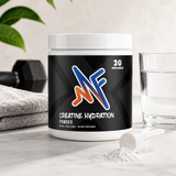 Mindful Creatine Hydration powder with scoop, water, towel, and fitness lifestyle setup