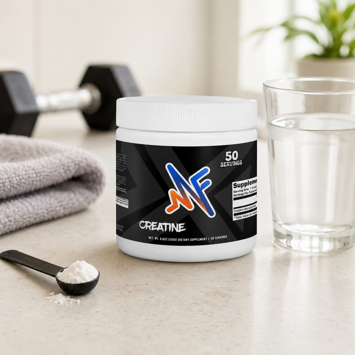 Mindful Creatine monohydrate powder in a clean gym lifestyle setup with scoop, water, and workout elements