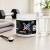 Mindful Creatine monohydrate powder in a clean gym lifestyle setup with scoop, water, and workout elements