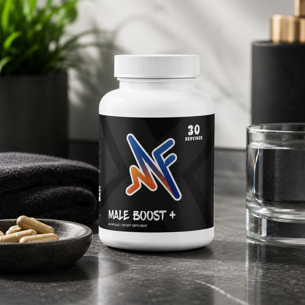 Mindful Male Boost+ supplement bottle with capsules, water, and premium wellness setup