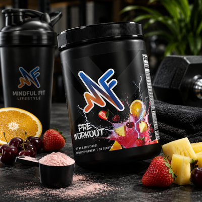 Mindful Shock Pre-Workout in a gym-inspired lifestyle setup with shaker and workout accessories