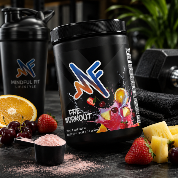 Mindful Shock Pre-Workout in a gym-inspired lifestyle setup with shaker and workout accessories