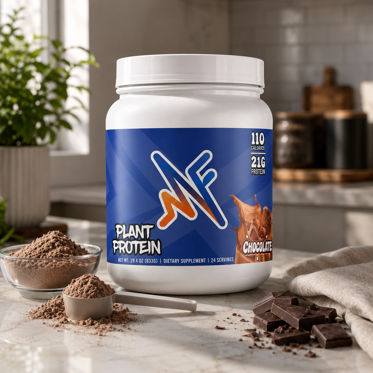 Mindful Pure Plant Protein Chocolate in a clean kitchen lifestyle setup with chocolate protein powder and smoothie elements