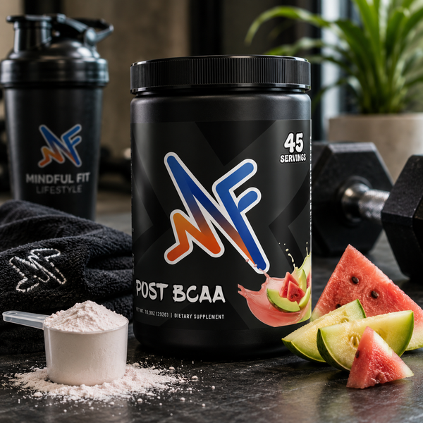 Mindful Post BCAA powder in a gym lifestyle setup with fruit, scoop, and workout accessories