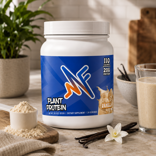 Pure Plant Protein Vanilla in a clean lifestyle setup with a soft vanilla-inspired background
