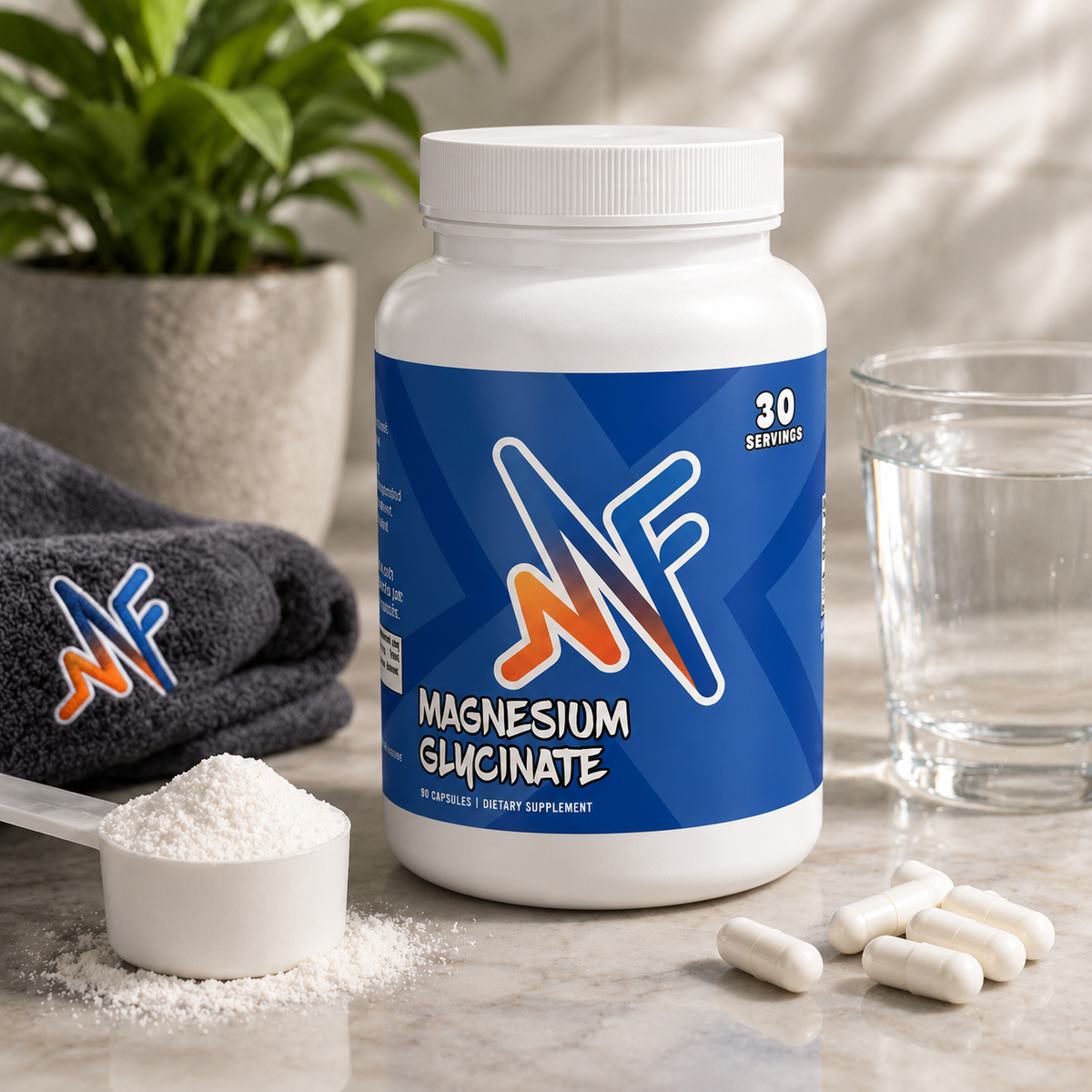 Mindful Magnesium Glycinate supplement in a clean wellness setup with capsules, water, towel, and relaxation elements