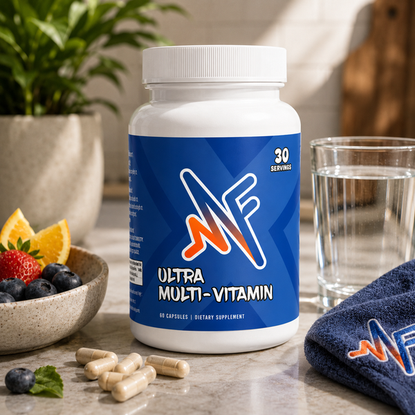 Mindful Multivitamin supplement in a clean wellness setup with capsules, water, fruits, and daily health elements