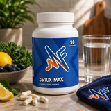 Mindful Max Detox supplement in a clean wellness setup with capsules, water, greens, and digestive support elements