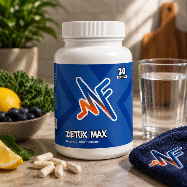 Mindful Max Detox supplement in a clean wellness setup with capsules, water, greens, and digestive support elements