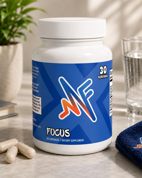 Mindful Brain and Focus supplement in a clean desk lifestyle setup with water, notebook, and focus support elements
