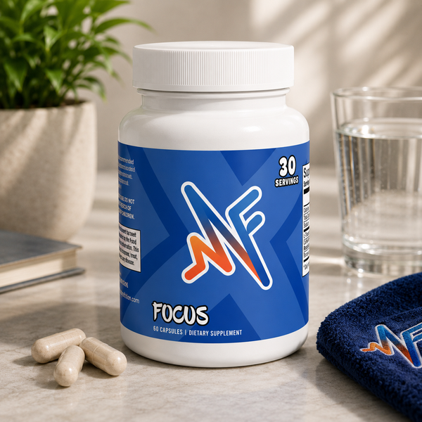 Mindful Brain and Focus supplement in a clean desk lifestyle setup with water, notebook, and focus support elements