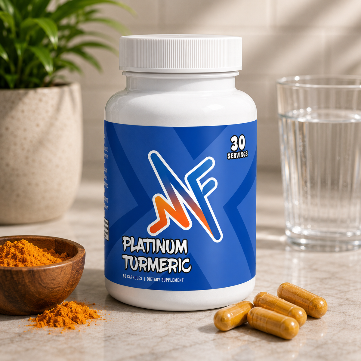 Mindful Platinum Turmeric supplement in a clean lifestyle setup with wellness elements