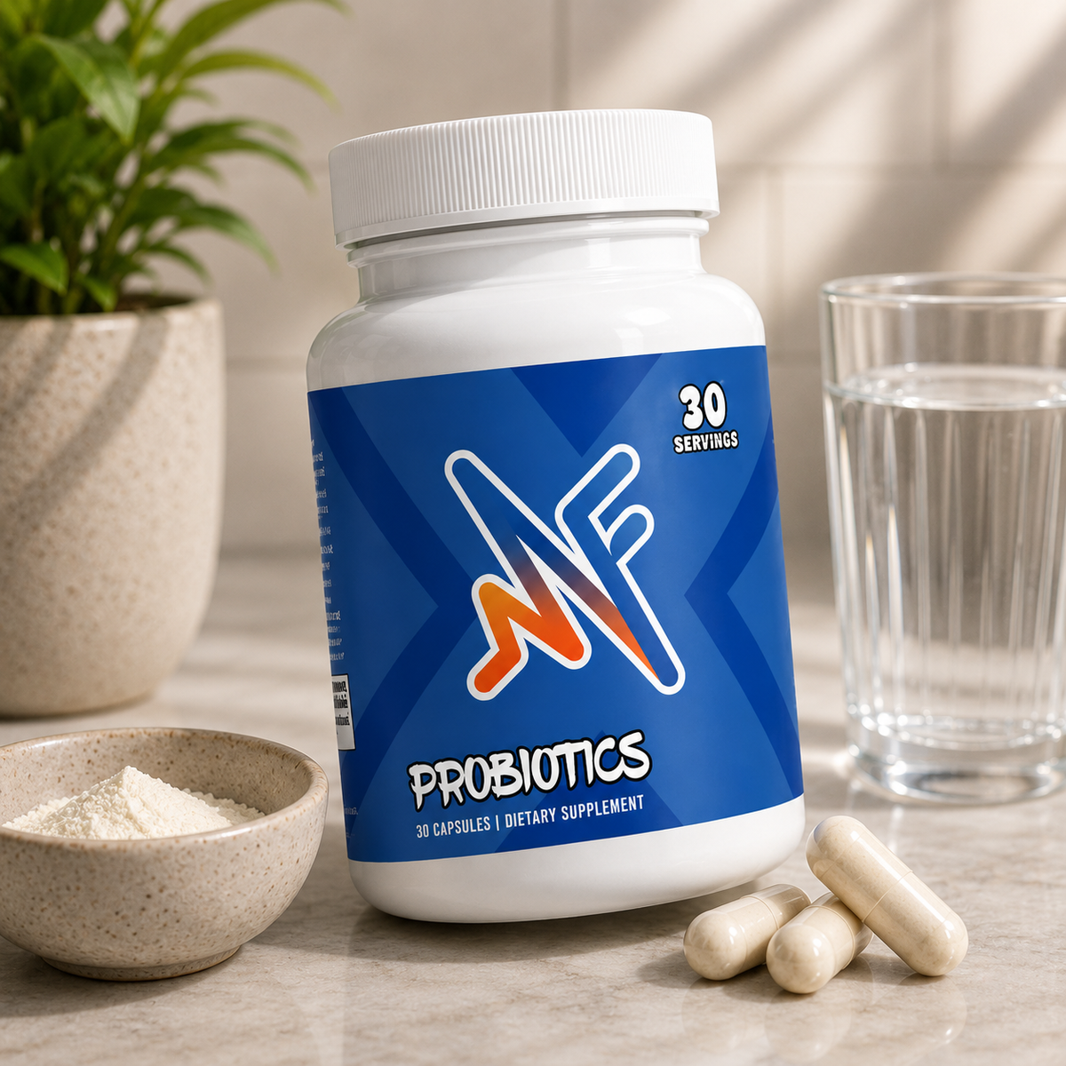 Mindful Probiotics supplement in a clean wellness setup with capsules, water, and digestive health elements