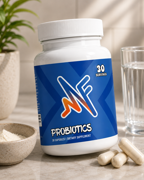Mindful Probiotics supplement in a clean wellness setup with capsules, water, and digestive health elements