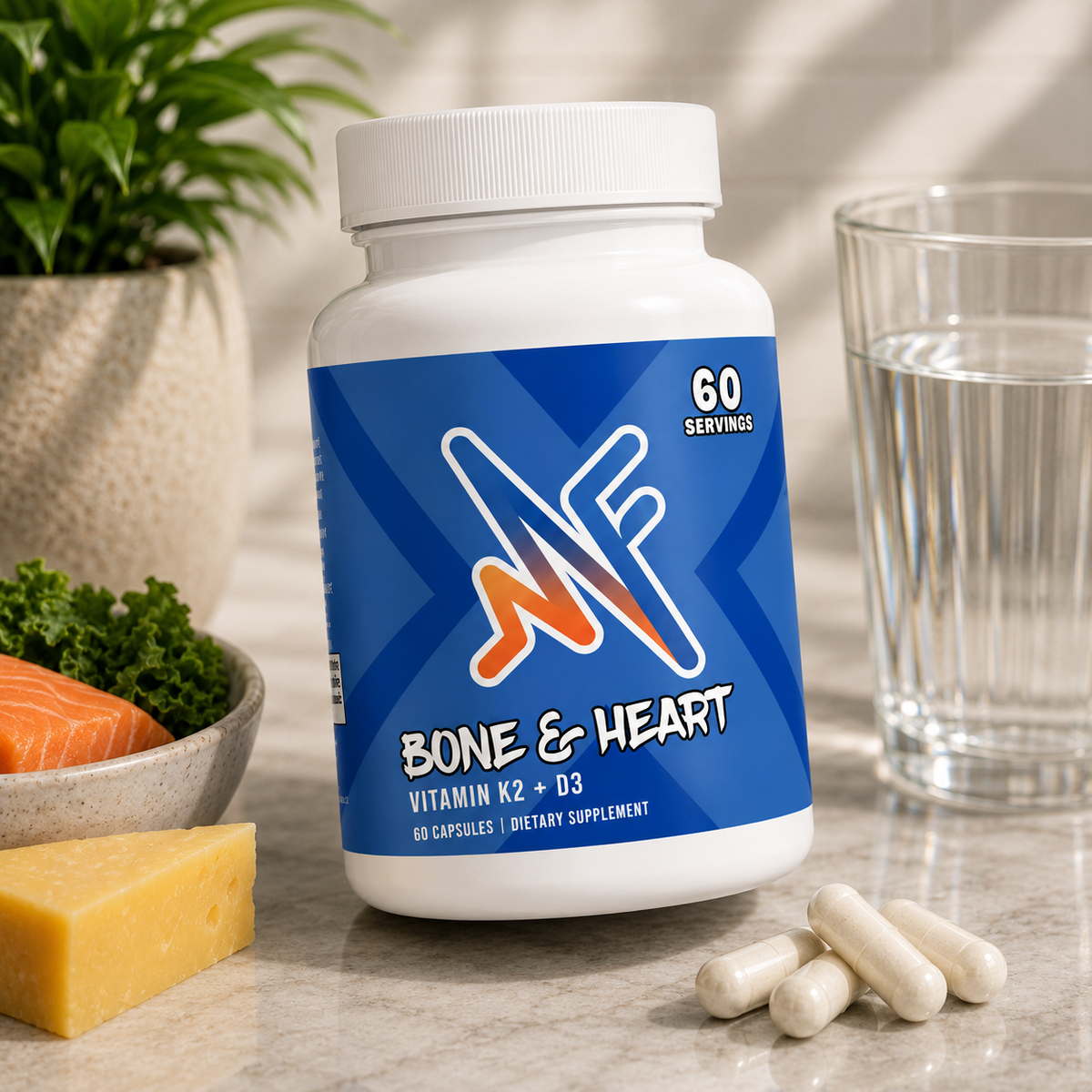 Mindful Bone and Heart supplement in a clean wellness setup with capsules, water, and bone health support elements
