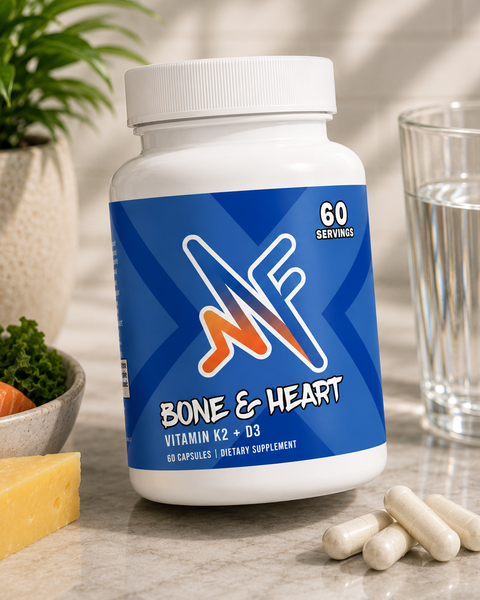 Mindful Bone and Heart supplement in a clean wellness setup with capsules, water, and bone health support elements