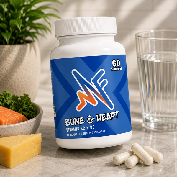 Mindful Bone and Heart supplement in a clean wellness setup with capsules, water, and bone health support elements